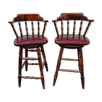 Tabourets de bar style western en chêne et skai rouge