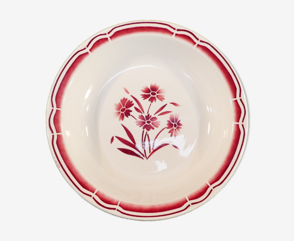Plat rond creux en faience de Badonviller fb fenal freres décor fleur rouge