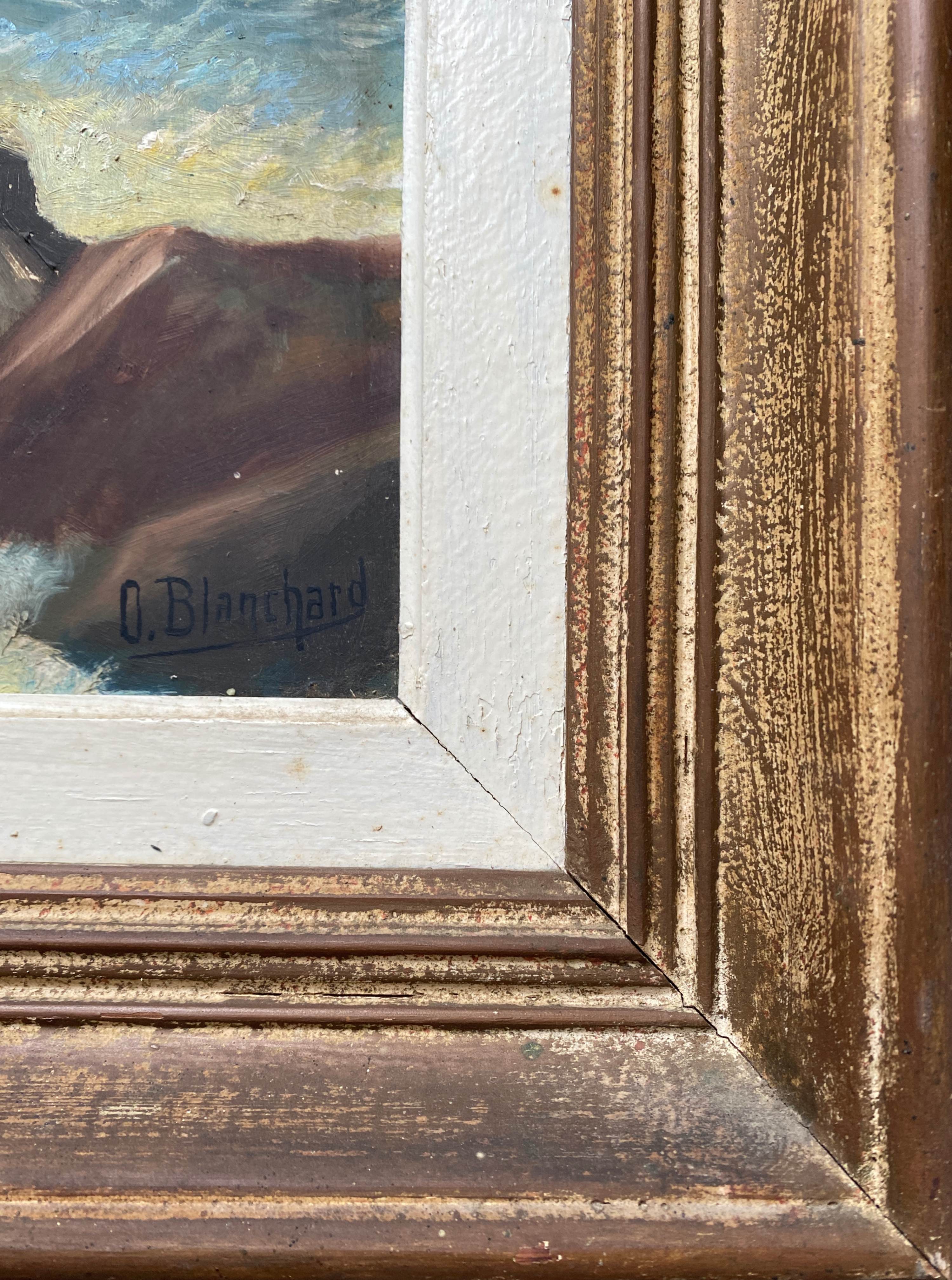 HSP painting "Seaside at sunset" signed O. Blanchard + Marine frame