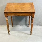 Vintage wooden writing desk with drawer, turned legs, classic style.