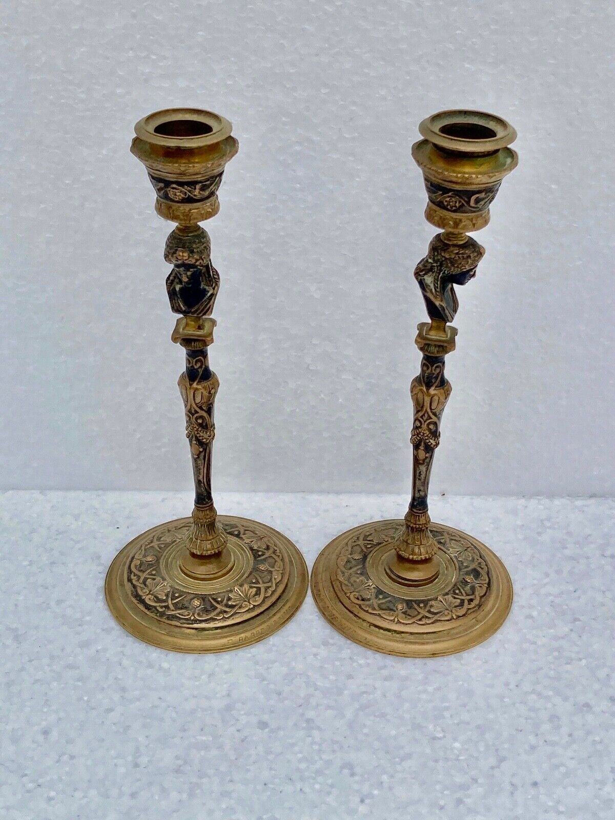 Pair of candlesticks old decor medallion a l antique signed F.Barbedienne