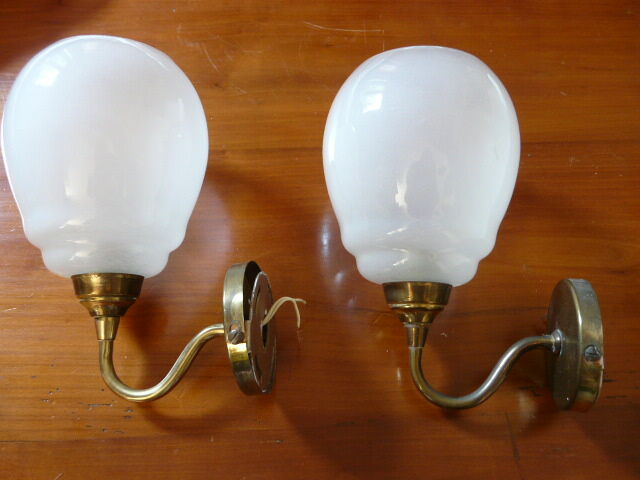 Pair of brass and glass wall lamps 60s gooseneck