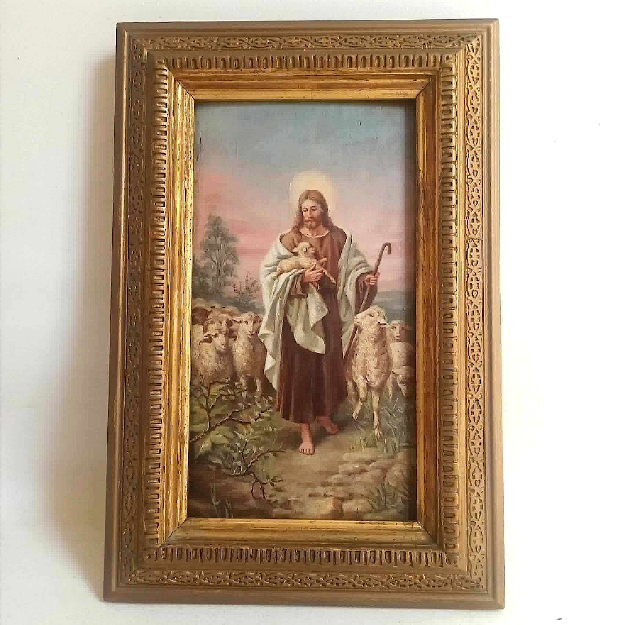 Oil painting on wood The Good Shepherd Christ Late 19th century