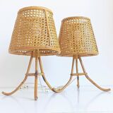 Mid-Century Bamboo and Cane Pair of Large Table Lamps By Louis Sognot, 1970s