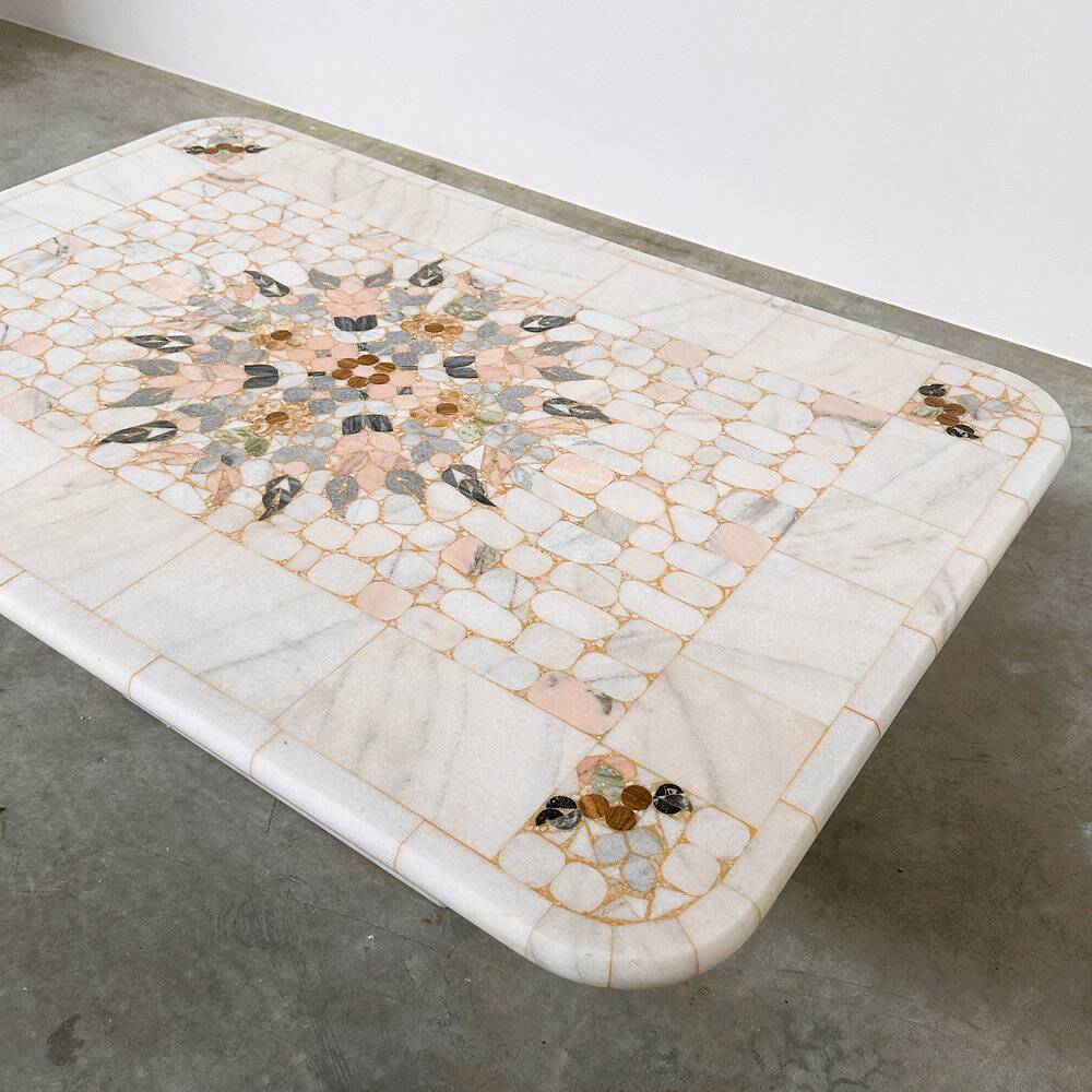 Large Italian pietra dura marble mosaic coffee table, floral inlay, Carrara marble