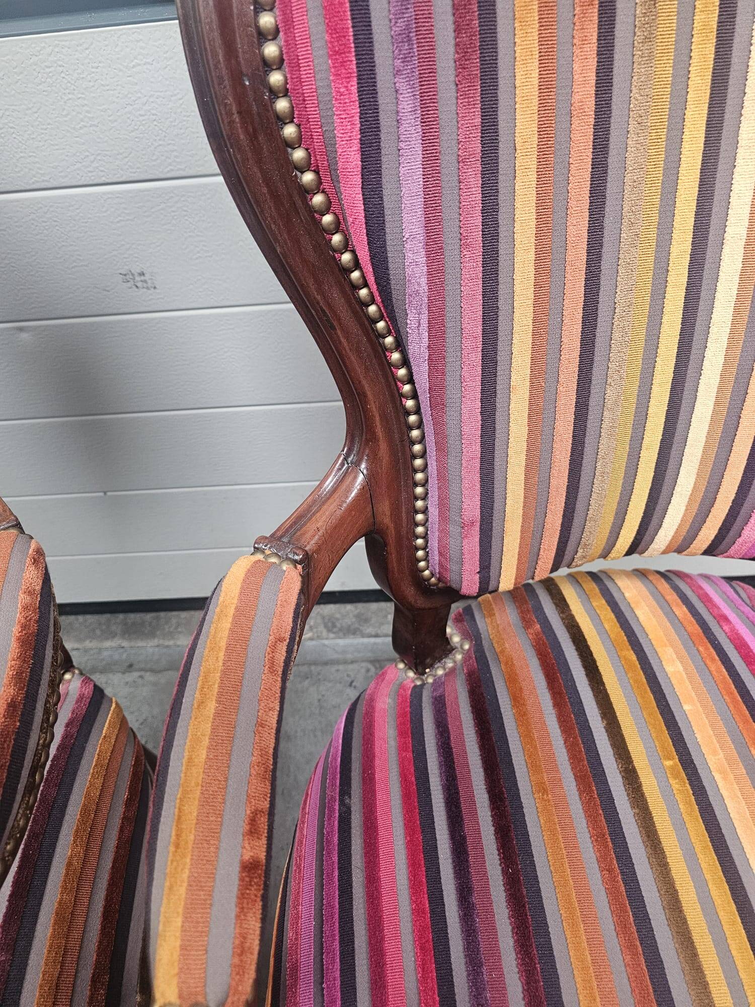 Pair of Louis Philippe armchairs in multi-colored striped velvet