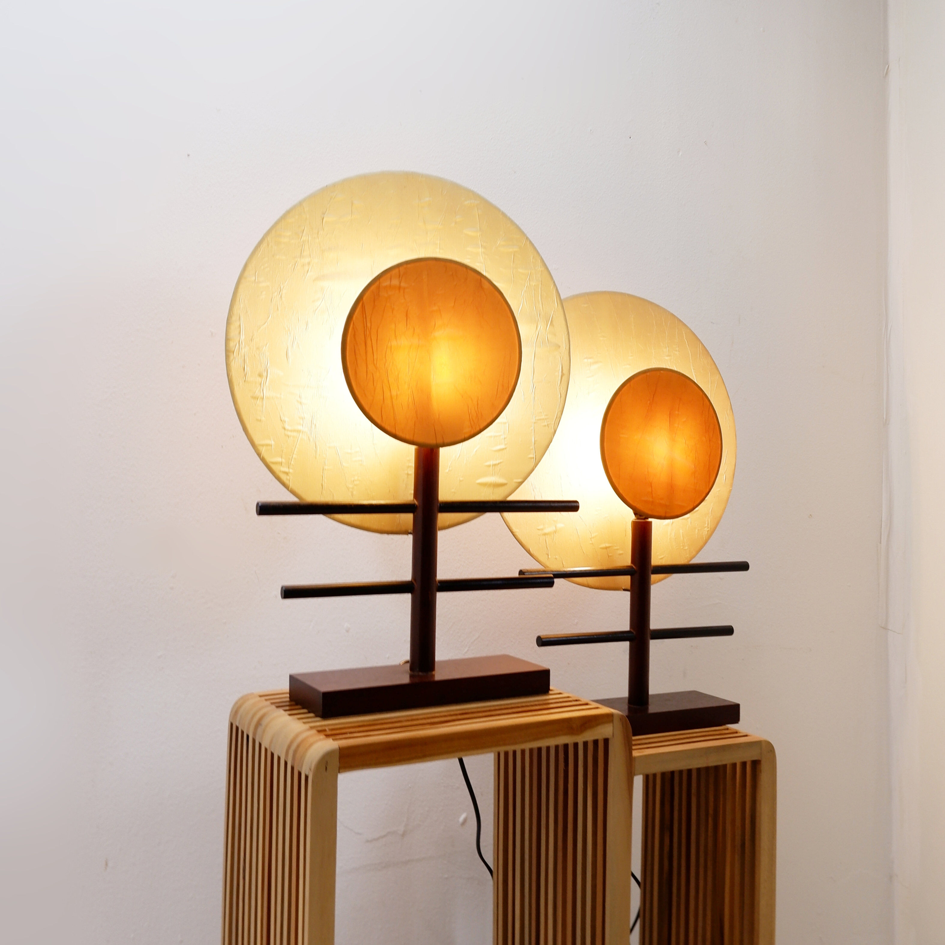 Pair of boho-style disc lamps