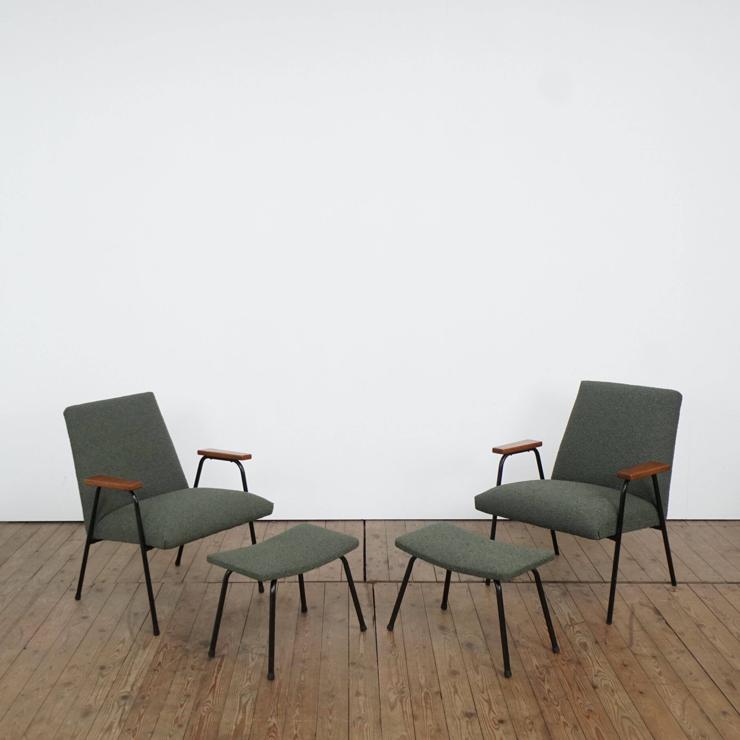 Two sets of lounge chairs with ottoman by Pierre Guariche for Meurop