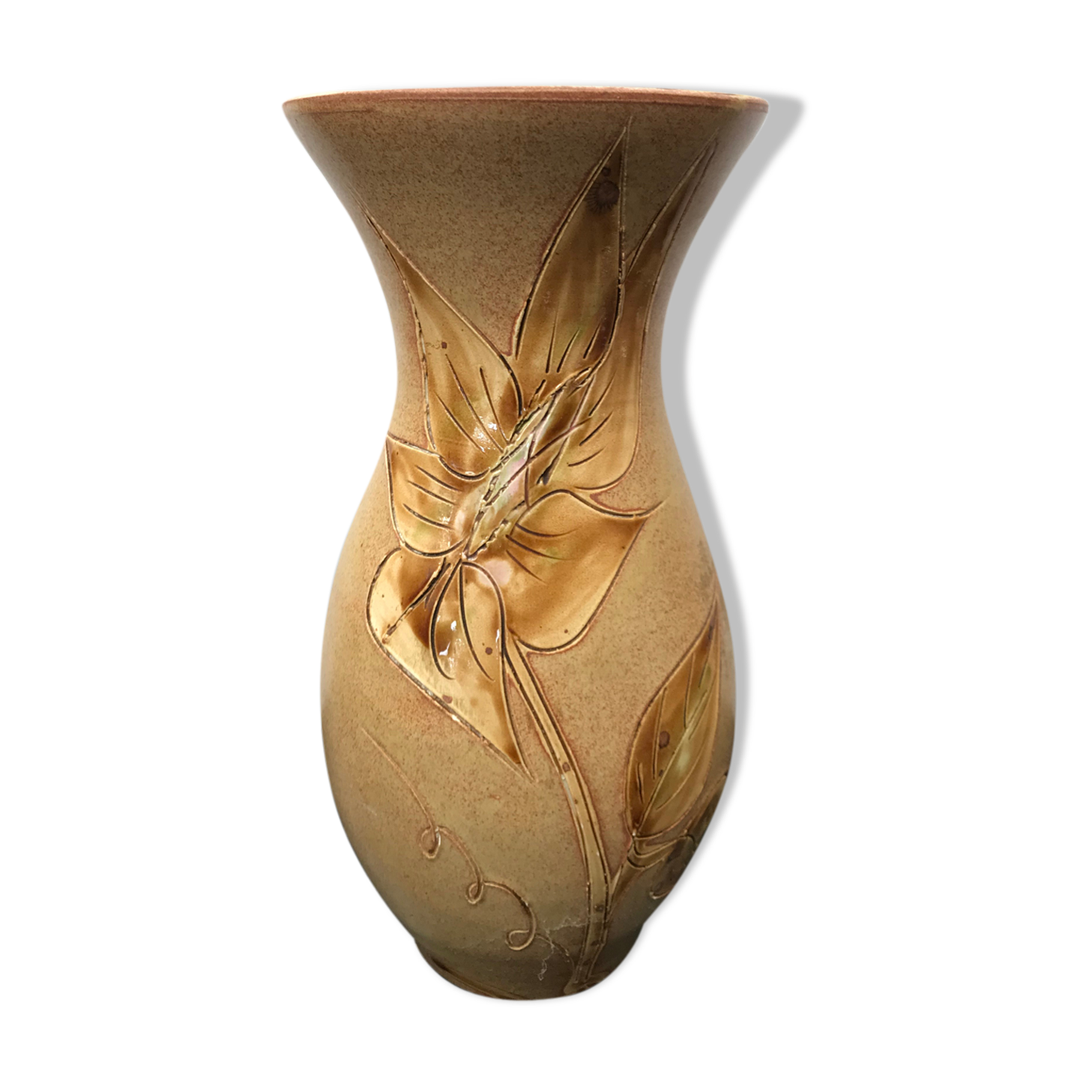 Old vase Vallauris ceramics beige decor vintage chiseled flowers