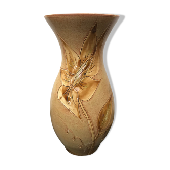 Vase Vallauris céramique beige décor fleurs ciselé vintage