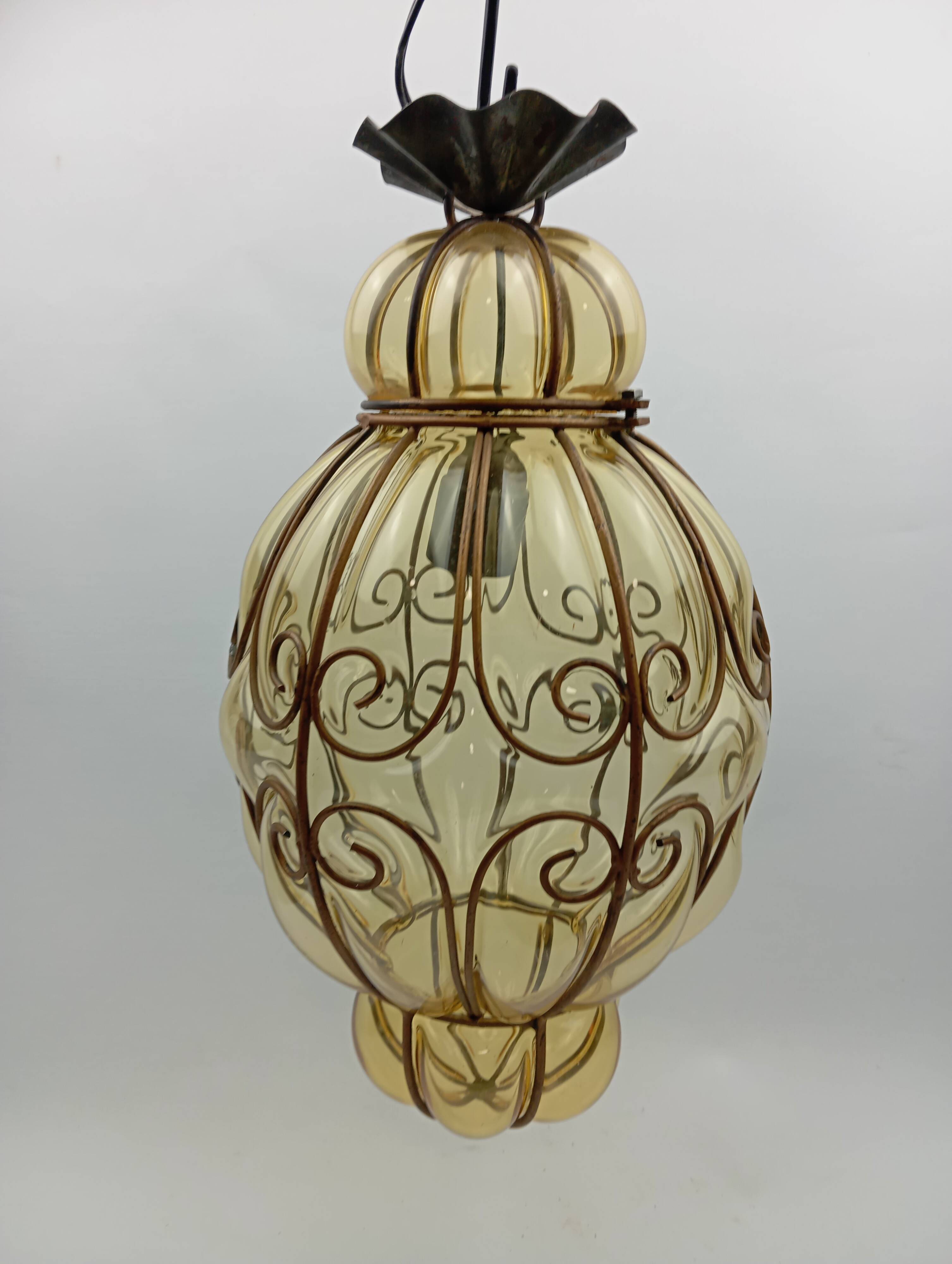 Vintage venetian pendant lamp in caged blown murano glass