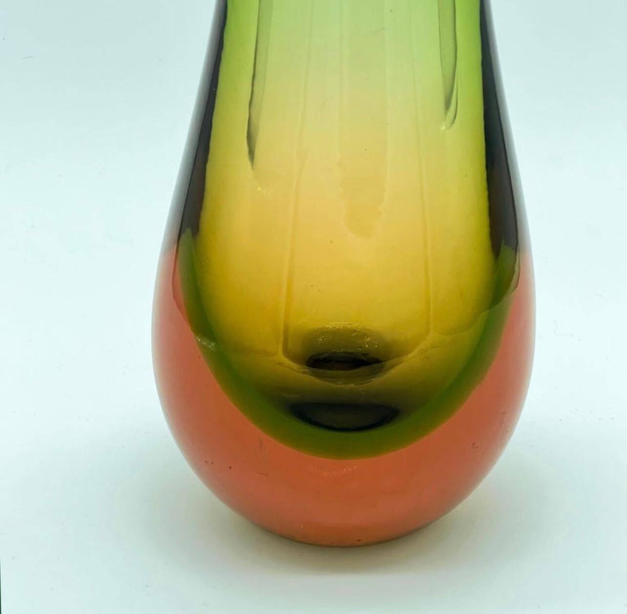 Vintage Big, Tall and Heavy Murano Vase in Green and Orange "Sommerso" Glass