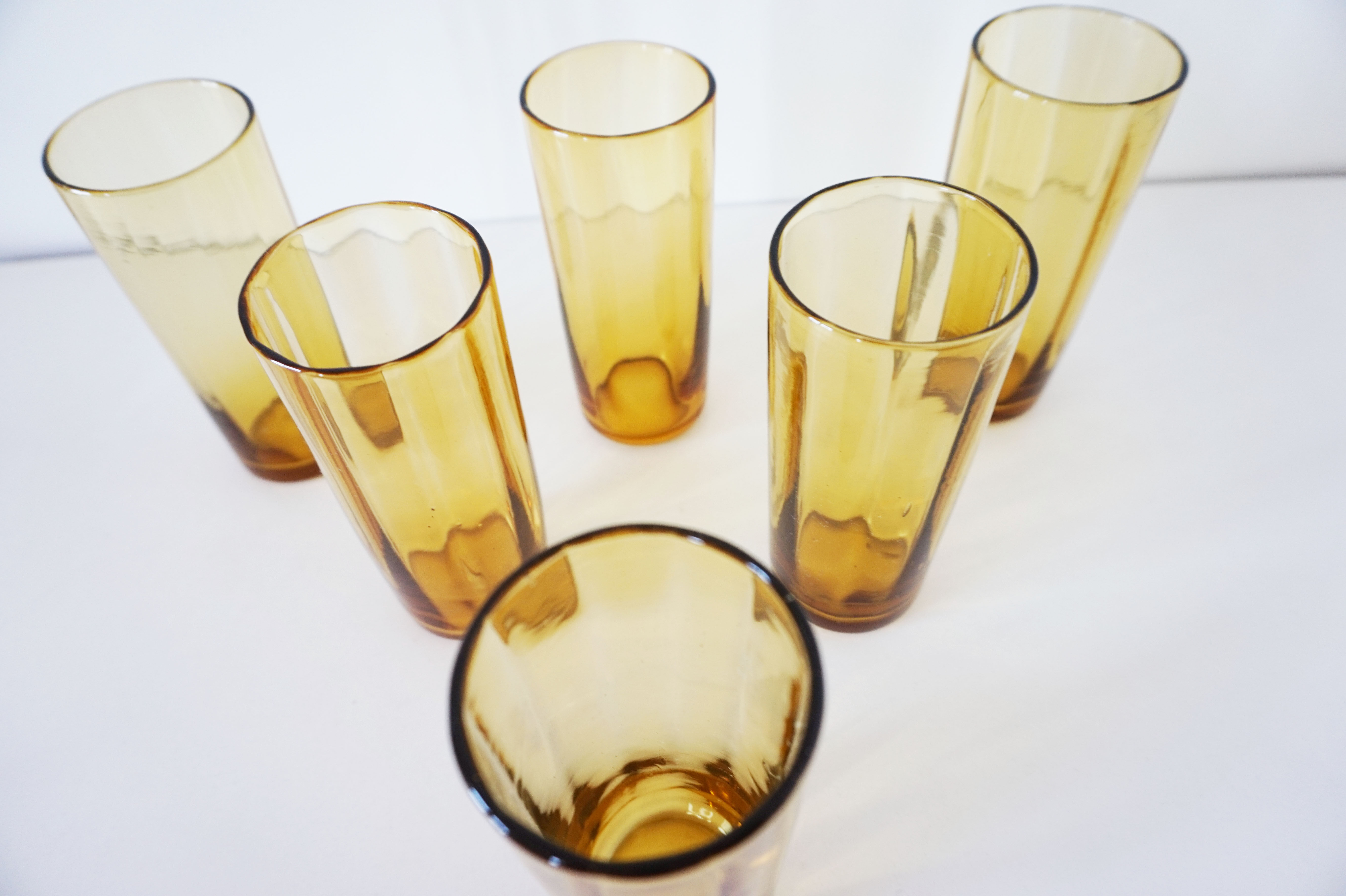 6 amber glass water glasses 1960