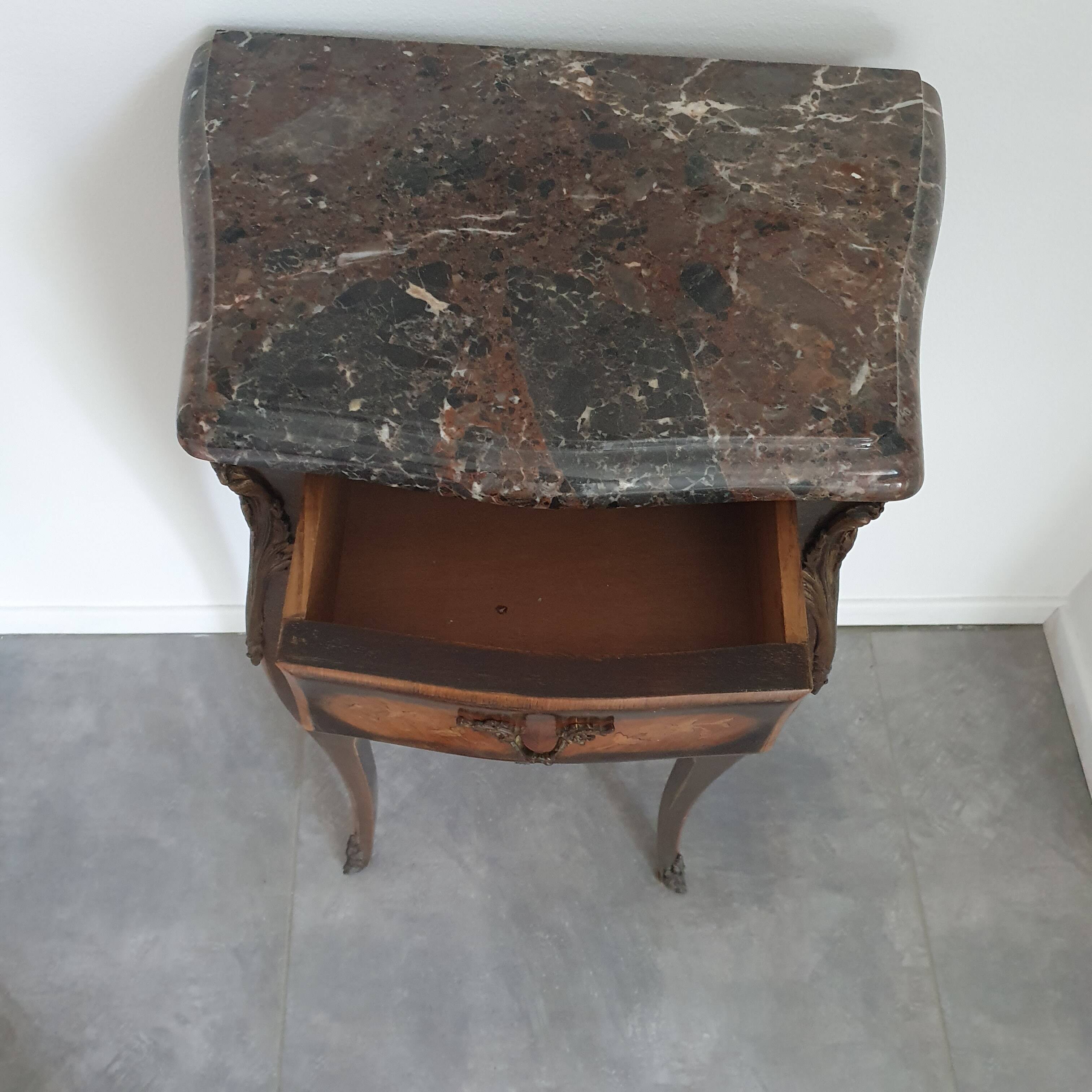 Antique marquetry bedside table, marble top