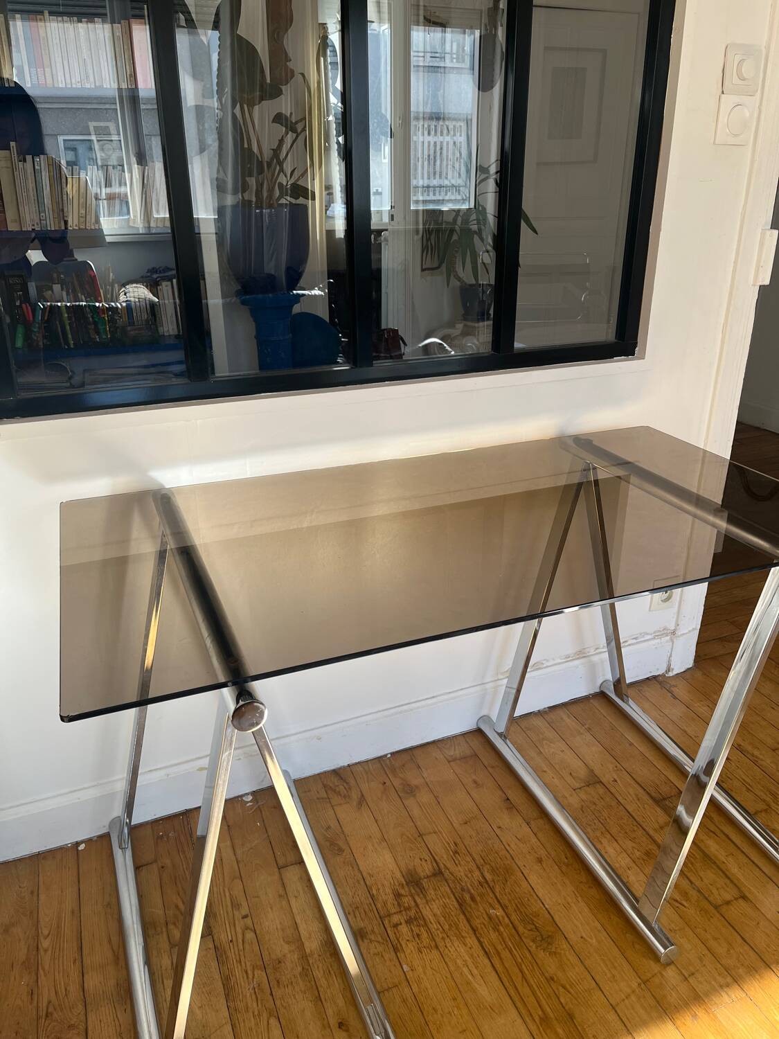 Smoked glass and chrome metal desk by Milo Baughman for Rochebobois