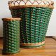 Cache-pot and its matching pencil holder in dyed woven rattan from the 1960s.