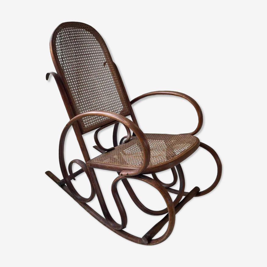 Rocking-chair vintage en bois courbé et cannage | Selency