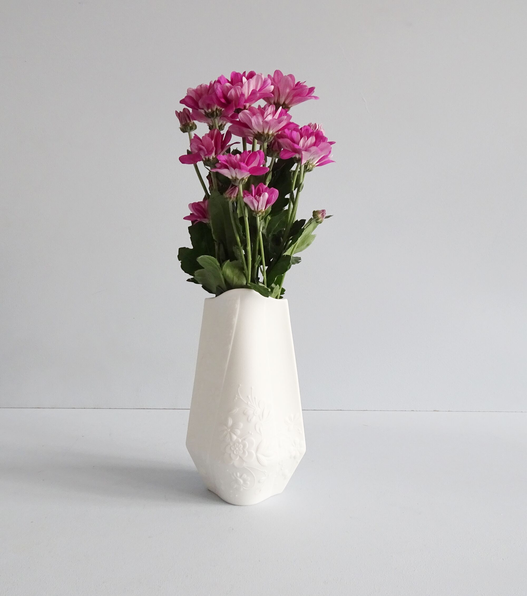 AK Kaiser bisque vase design M. Frey, white vase with flower relief