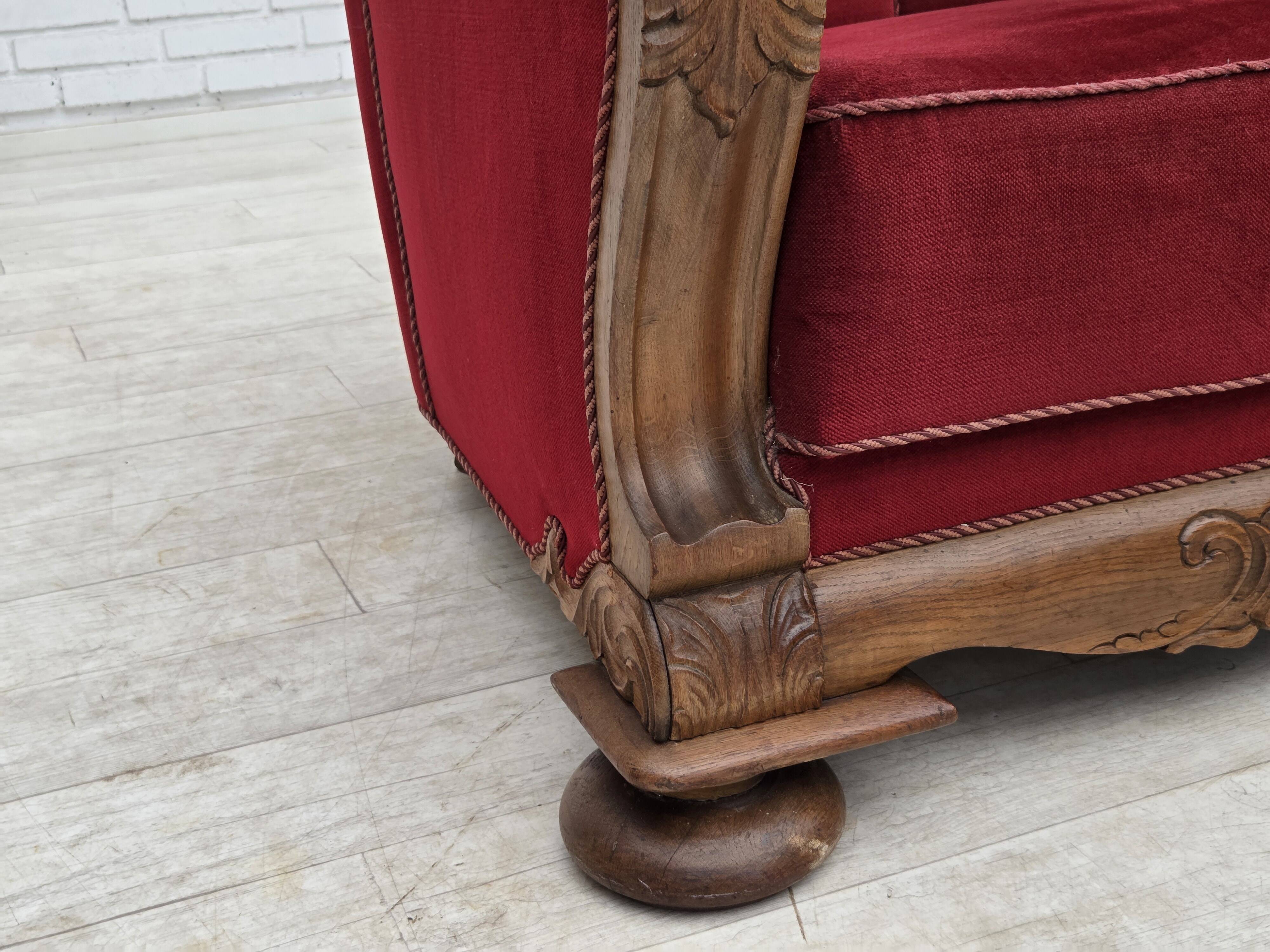 1950s, Danish relax armchair, furniture velour, carved oak wood.