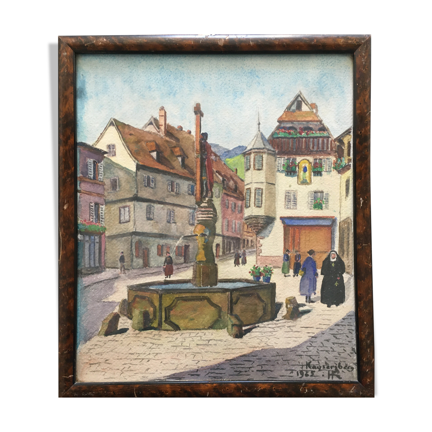 Table Watercolor street of Kayserberg (Alsace) dated 1955 monogrammed