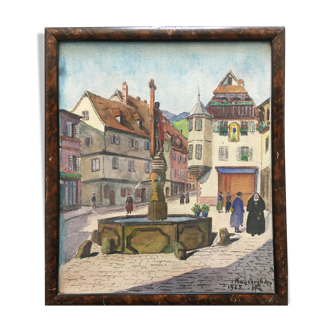 Table Watercolor street of Kayserberg (Alsace) dated 1955 monogrammed