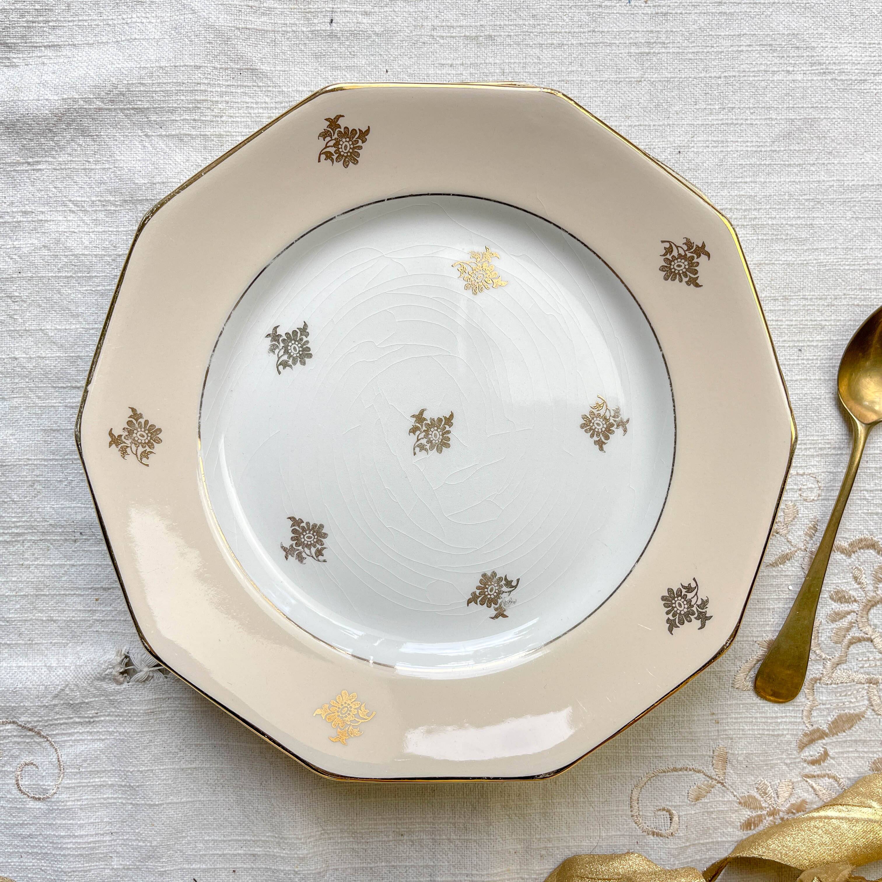 8 small vintage mismatched plates in French Limoges porcelain, Orchies - golden flower and bird motifs