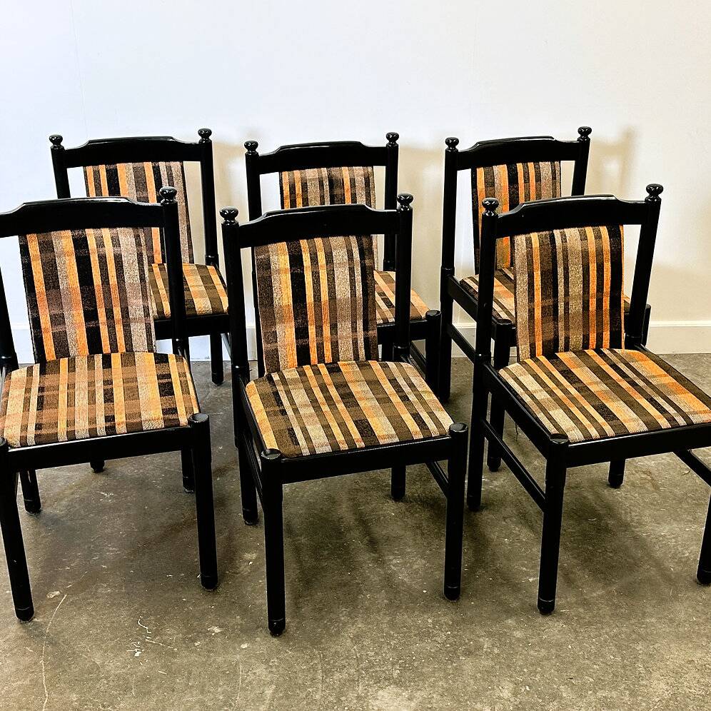 Set of 6 black lacquered chairs with the original 1970s fabric.