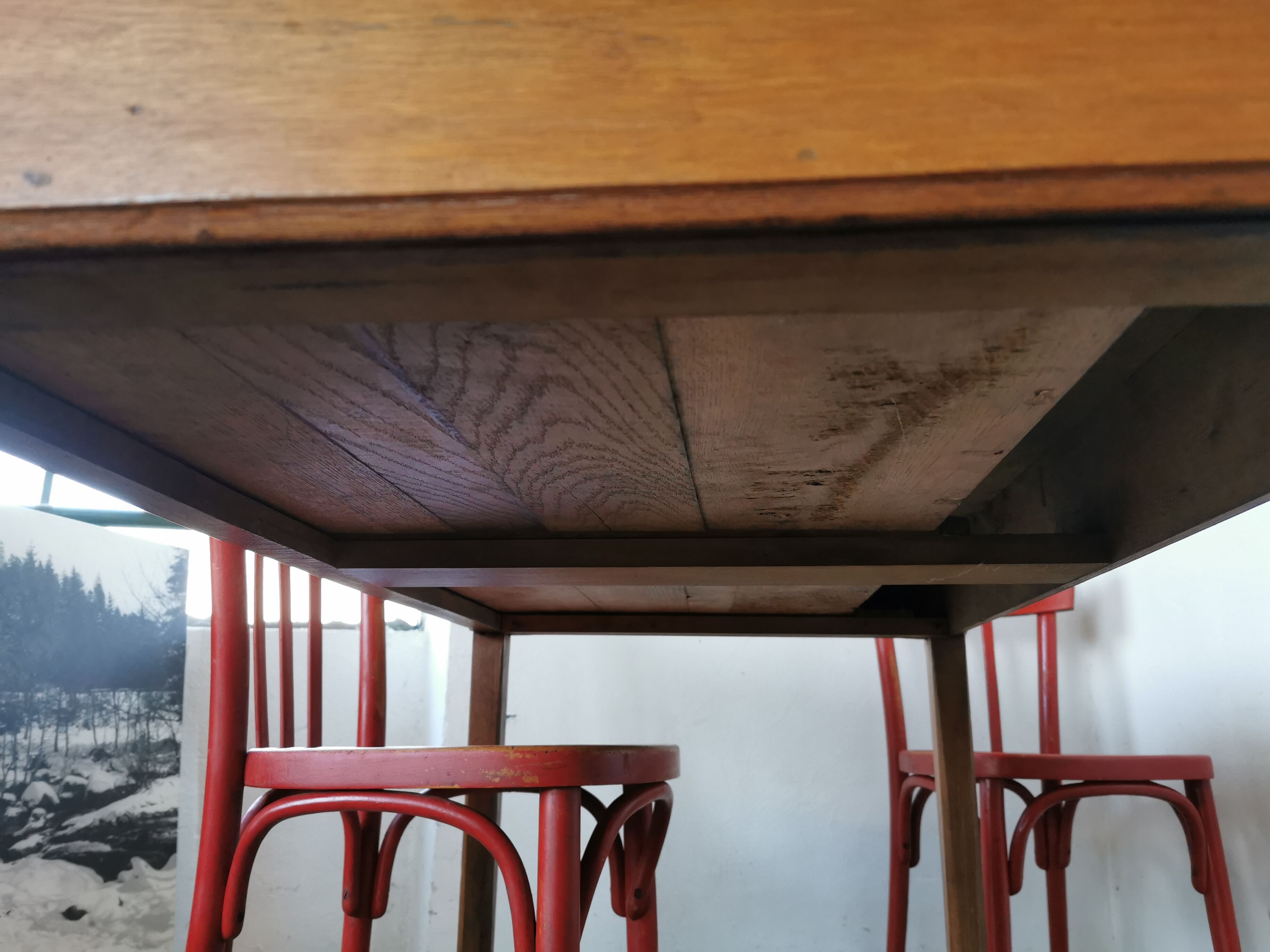 Table in raw oak, countryside.