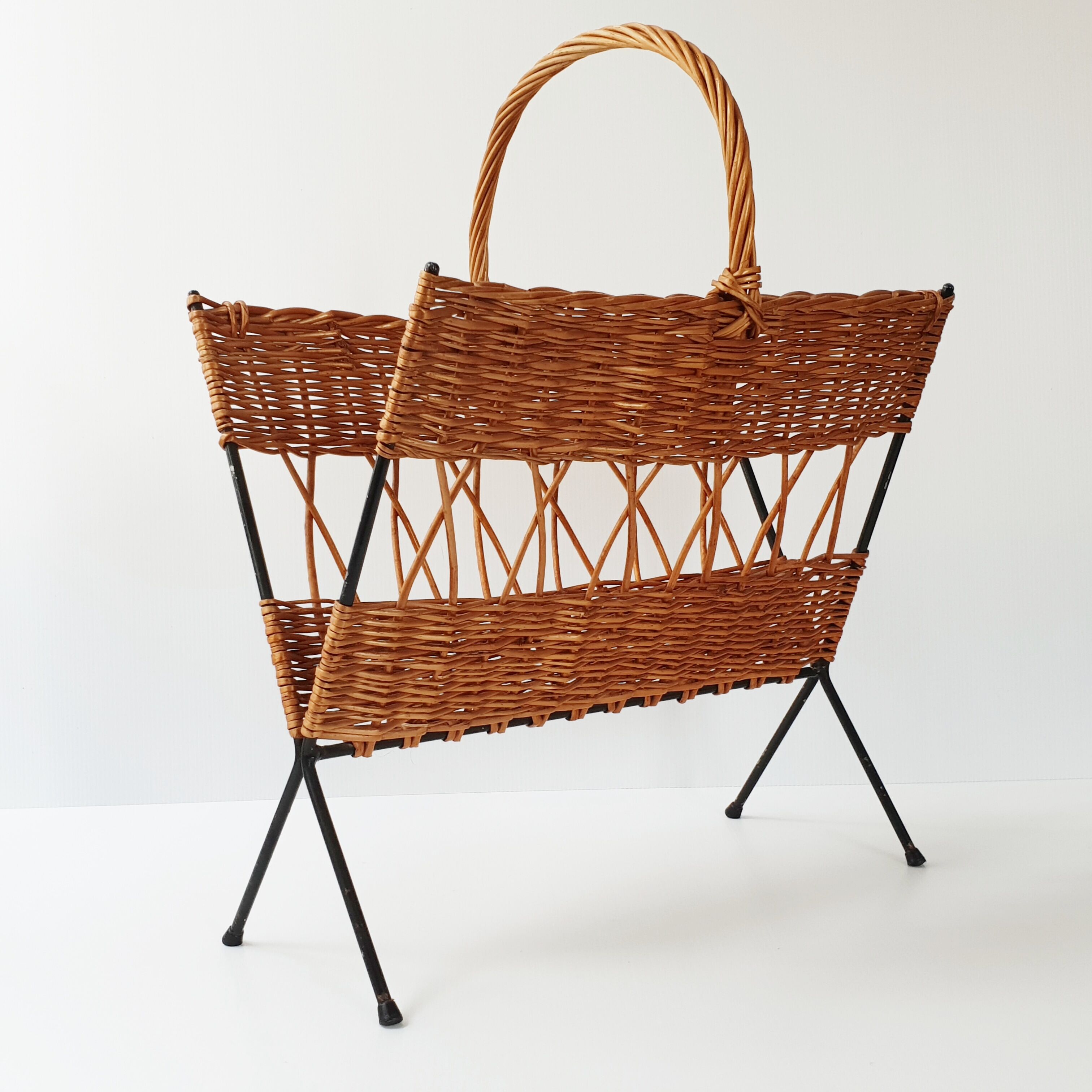 Rattan magazine holders - vintage steel