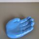 Vintage hand-shaped ceramic trinket dish in blue, 1970s decorative sculpture, retro design object, centerpiece, home decor, soap dish