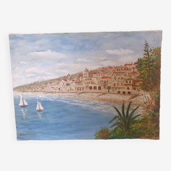 toile tableau représentant une scème de bord de mer méditerranéen