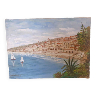 canvas painting representing a Mediterranean seaside scene