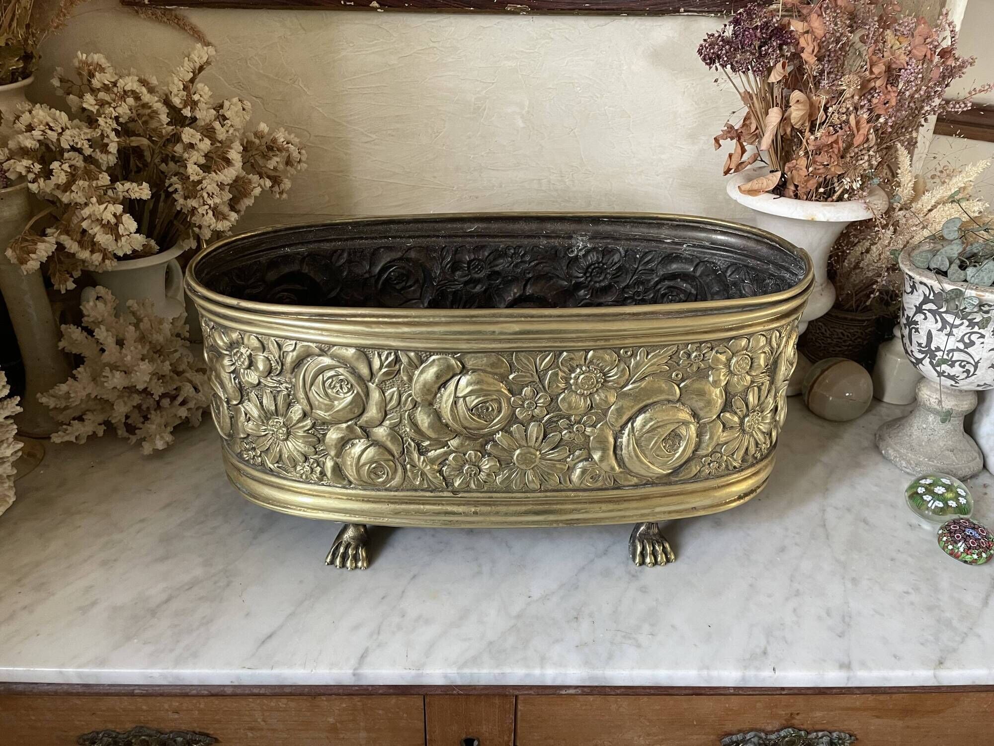 Old repoussé brass planter