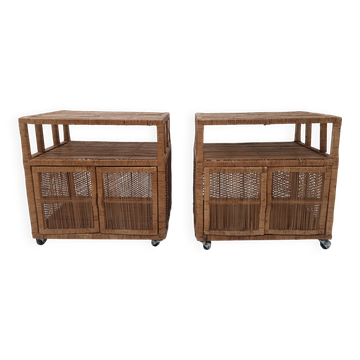 Pair of vintage rattan (Buri) sideboards on wheels
