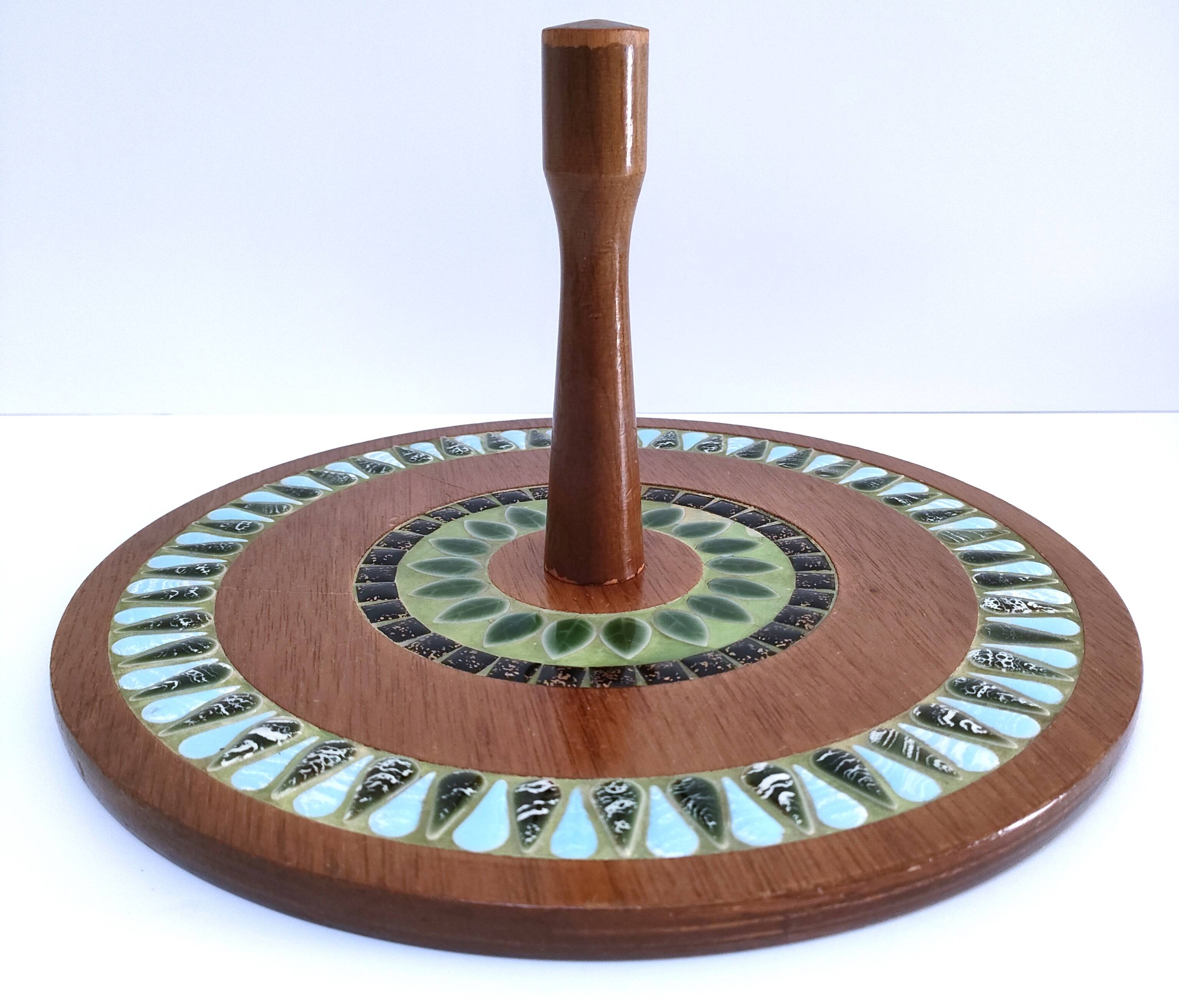 Wooden cheese tray with vintage enameled decor