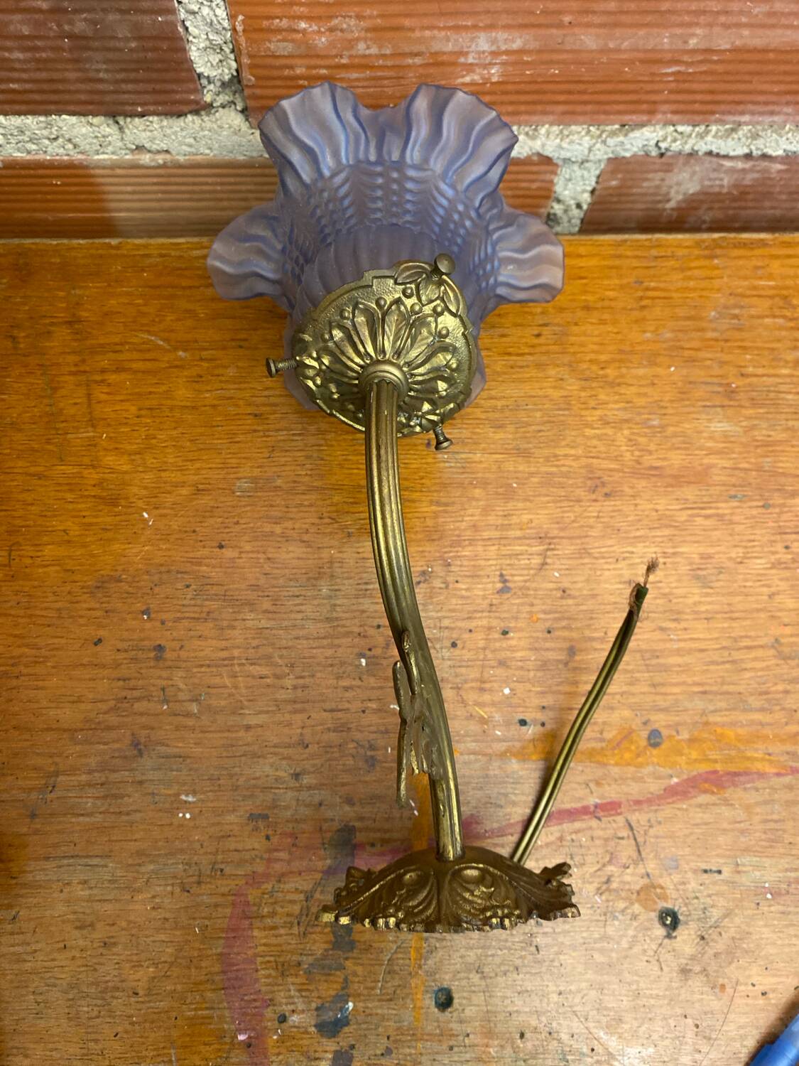 Antique art nouveau gilt bronze wall lamp + vintage blue glass tulip