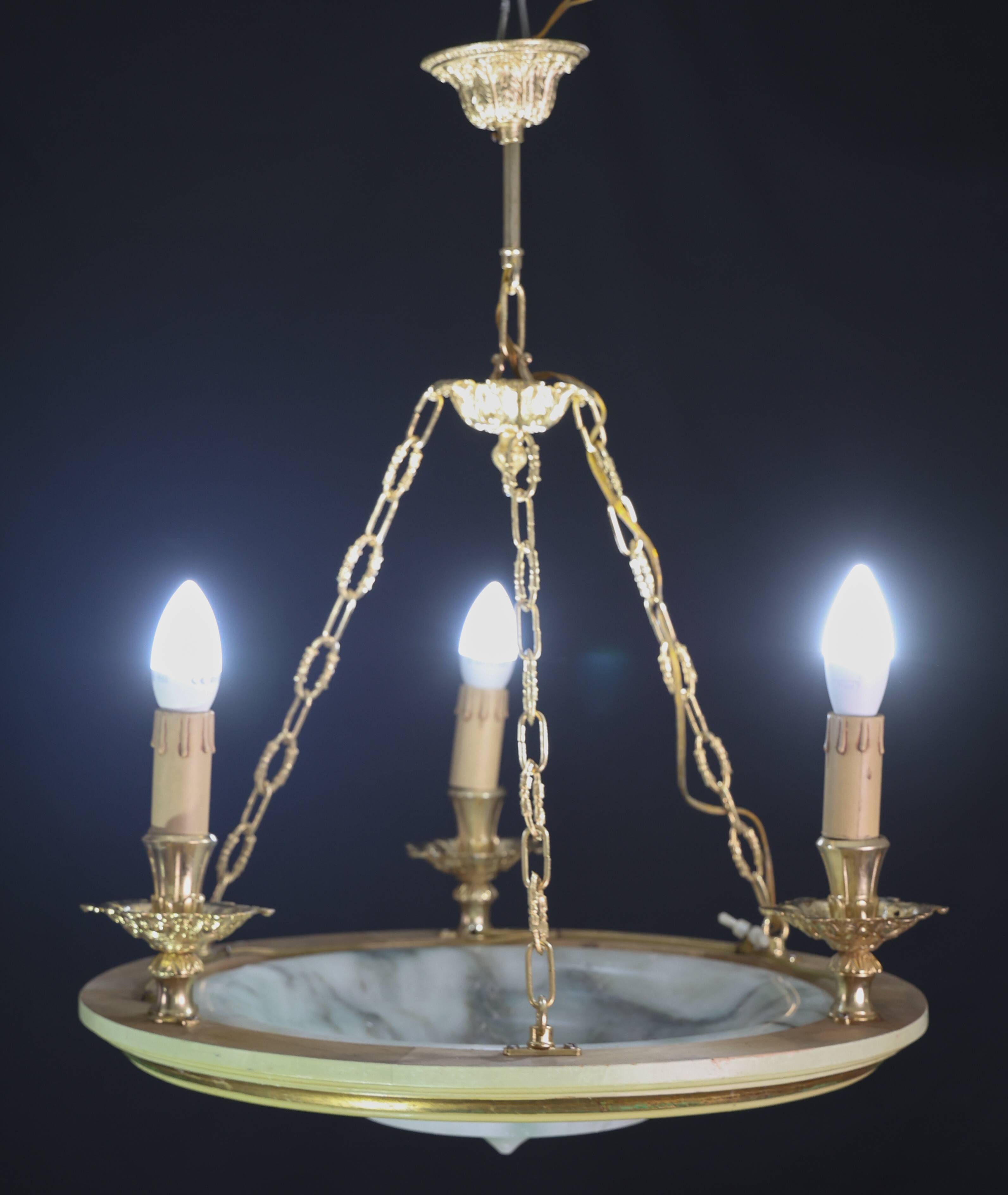 Masterpiece Art Deco design white alabaster chandelier circular wooden fram
