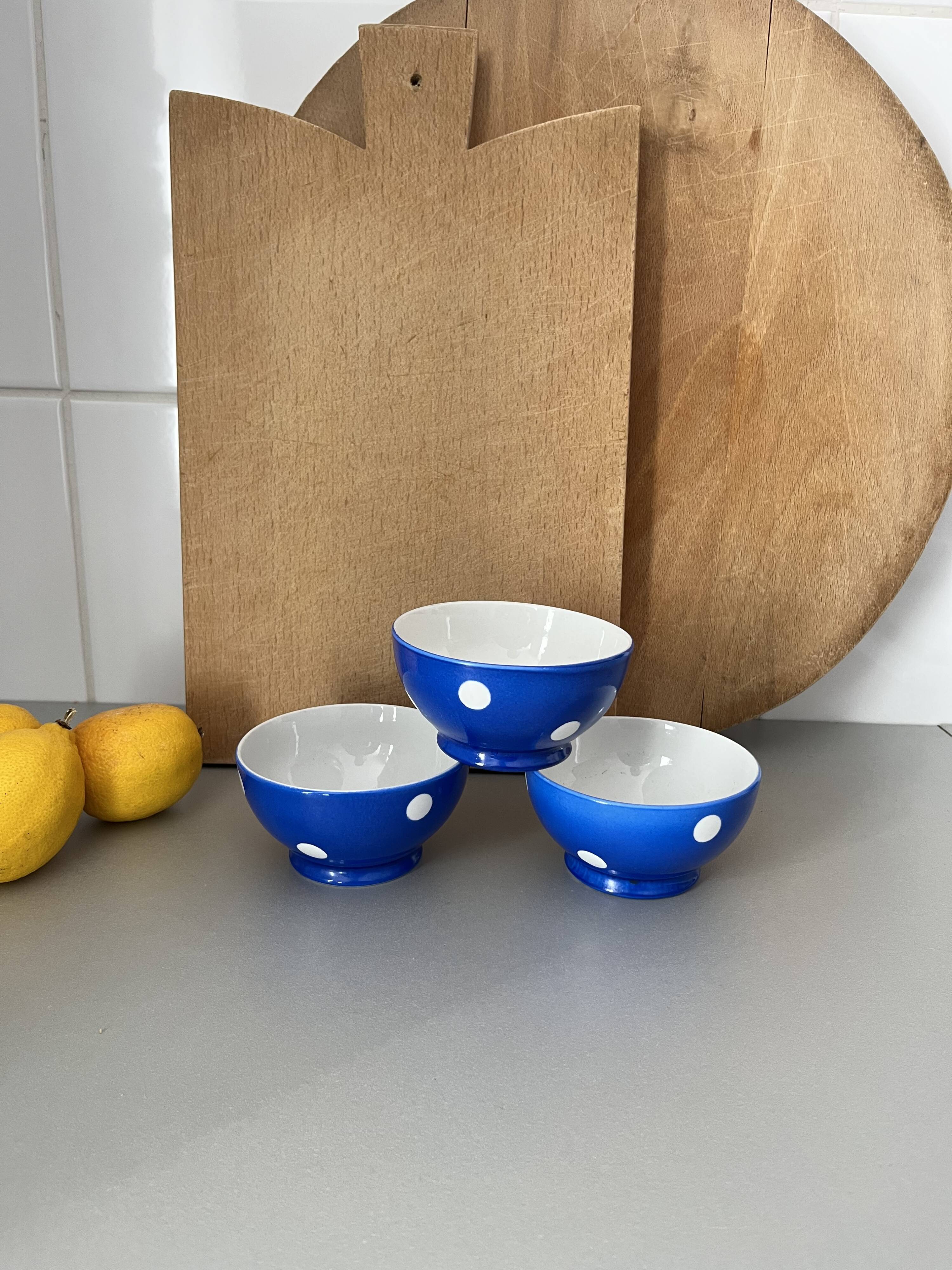 Old Longchamp porcelain bowls with blue dots