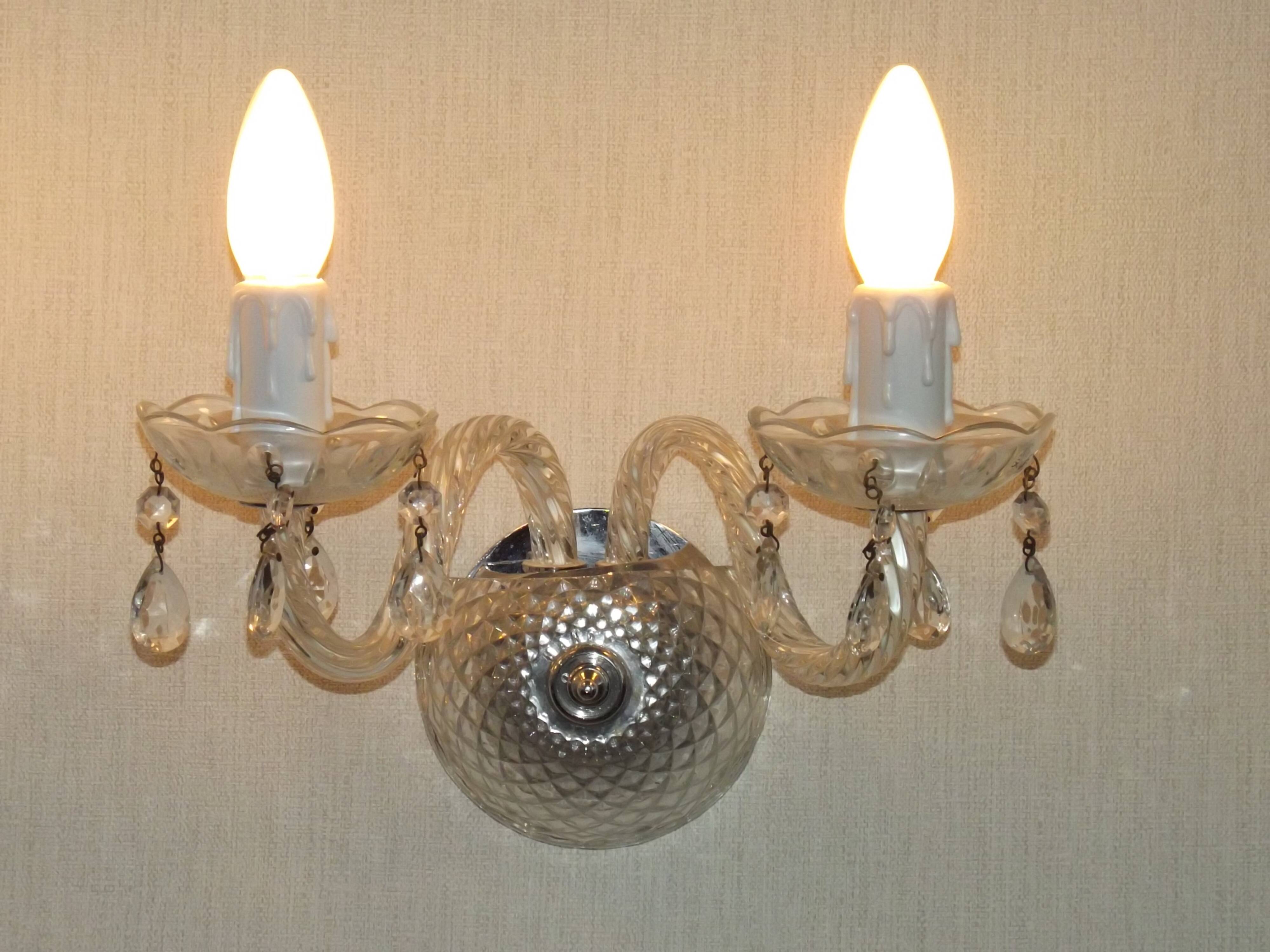 Pair of French vintage double crystal wall lights with barley twist glass arms.