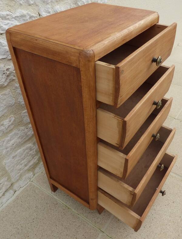 Art Deco 5-drawer chiffonier in solid wood with brass knobs – Fully restored