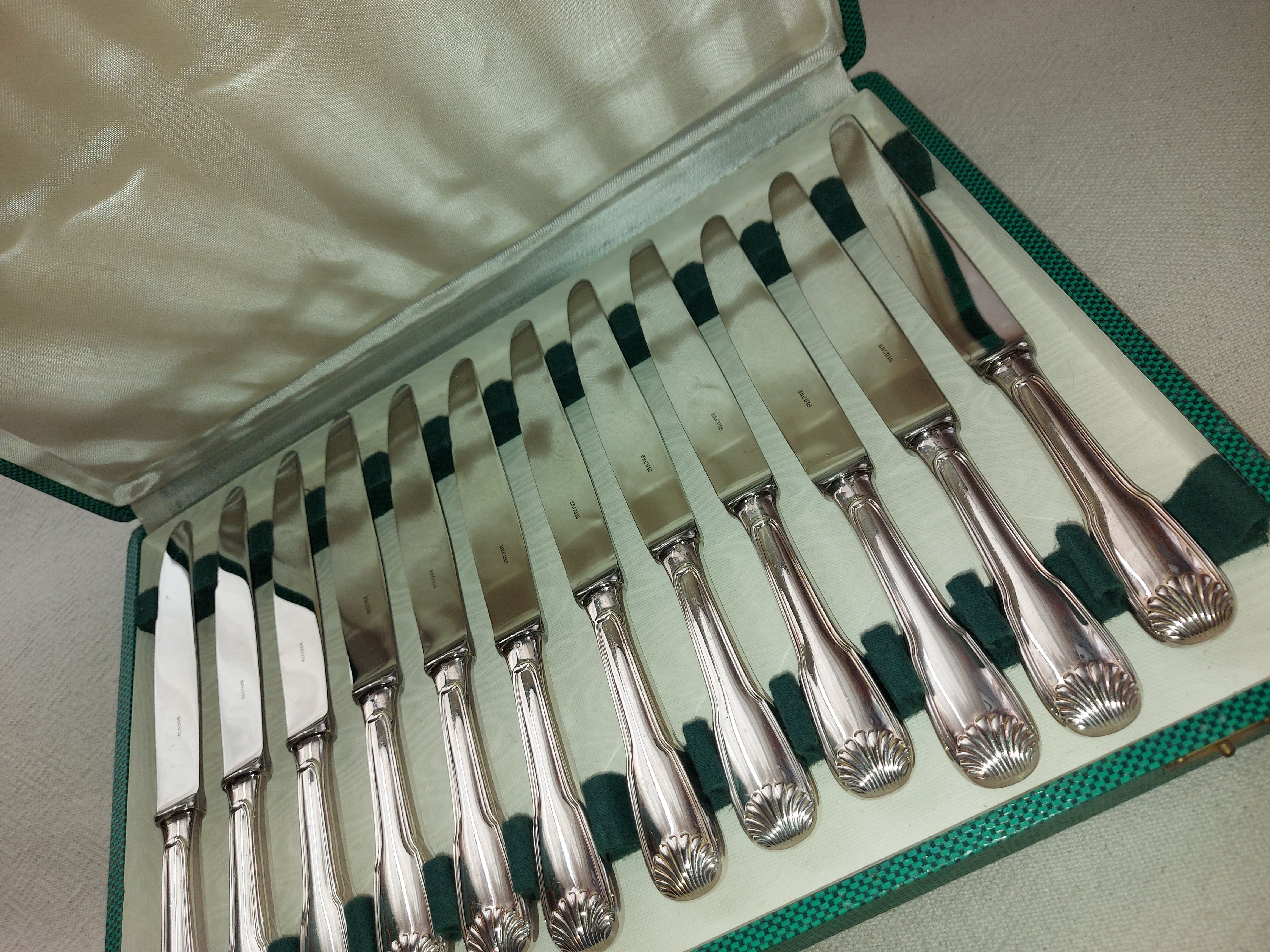 12 Silver Metal Ercuis Table Knives Box