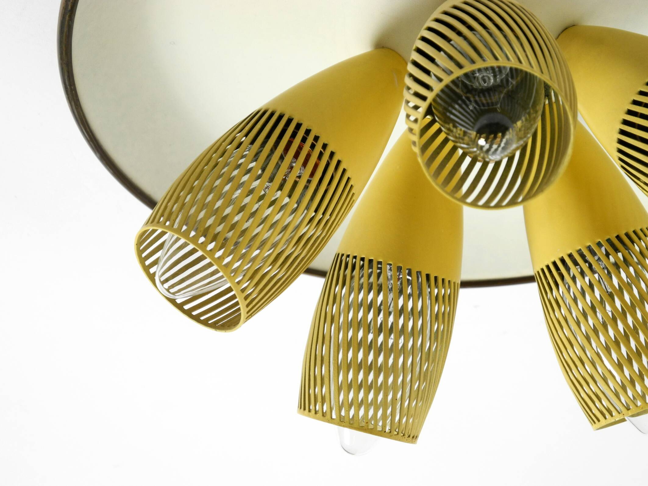 Very rare 5-arm mid-century modern metal bag ceiling lamp with round white