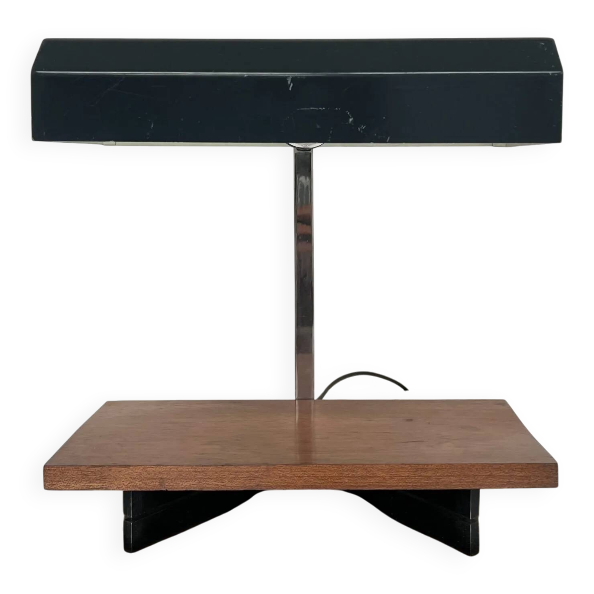 1950s desk lamp with teak base and grey lacquered metal