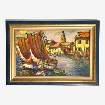 Peinture à l’huile sur toile, années 1950, France, port maritime de Saint Tropez