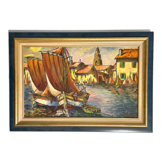 1950s French oil painting on canvas french riviera sailboats in the seaport of Saint Tropez