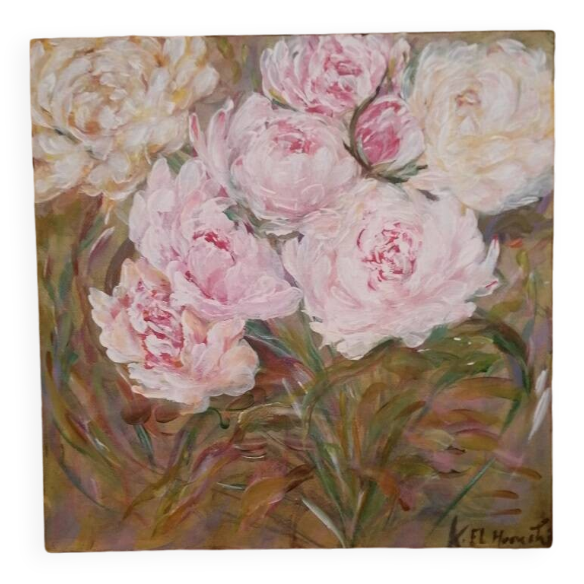 Peony bouquet painting signed and delivered with its certificate