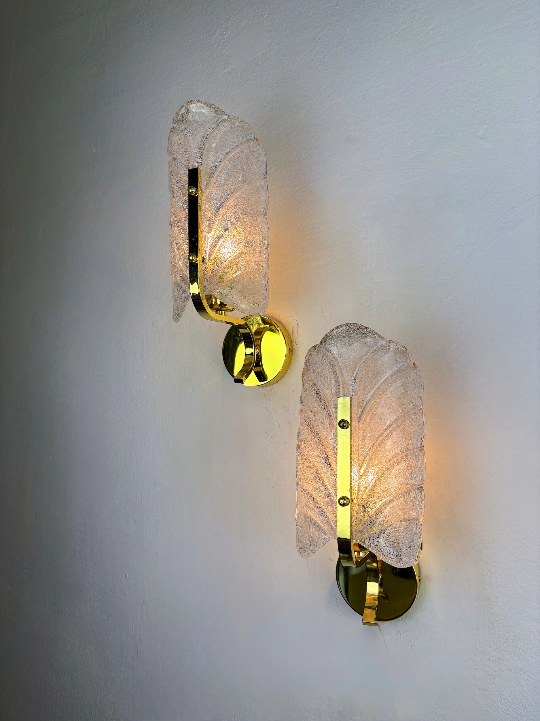 Pair of Murano frosted leaf sconces, textured glass & gilt details, circa 1970s