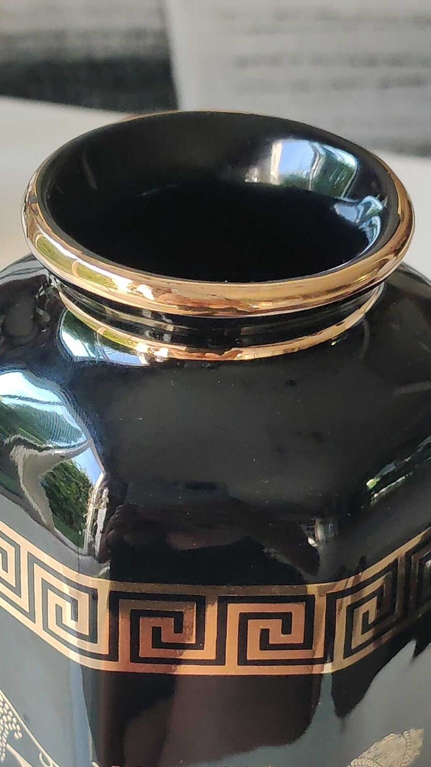 Ancient Greek octagonal vase, tubular porcelain shape. Decoration scenes of life / Gods mythology Greek. Signed ST Handmade in Greece. High 26 cm