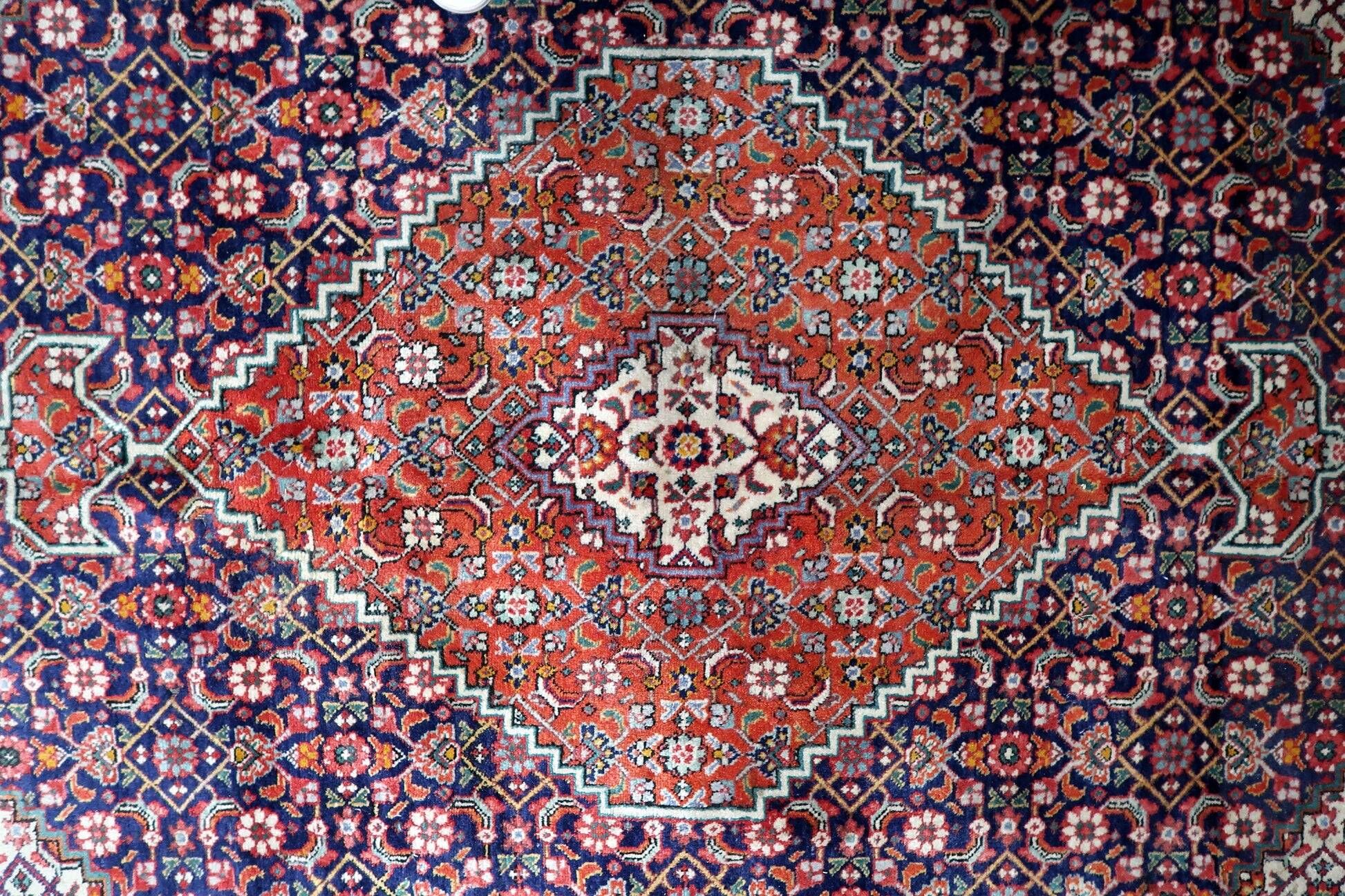 1940s vintage wool medallion rug, red and navy, 206 × 320 cm