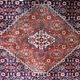 1940s vintage wool medallion rug, red and navy, 206 × 320 cm